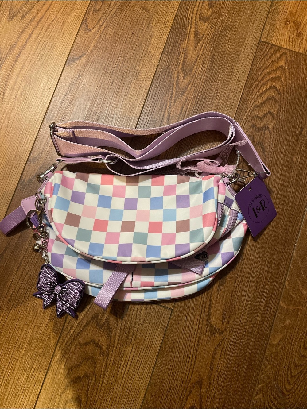 Iris & Rainbow Pastel Checkered Viral Tik Tok Crossbody Bag w Bow Charm